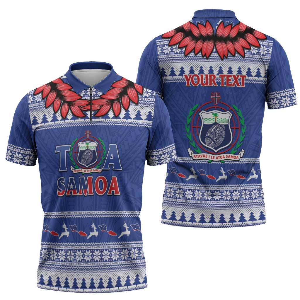 Personalised Toa Samoa Rugby Christmas Zipper Polo Shirt Ula Fala Samoan Pattern Blue LT14 - Polynesian Pride