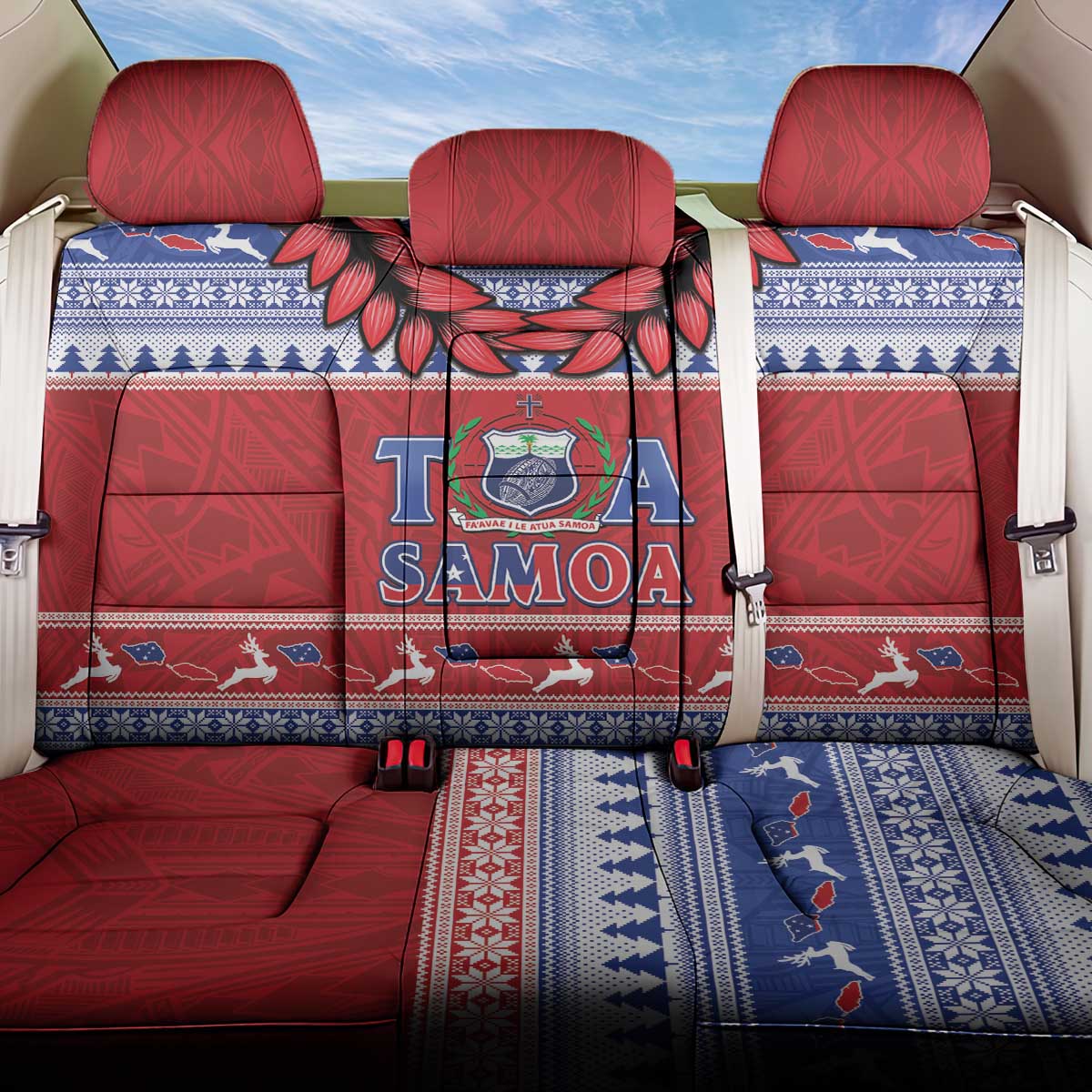 Toa Samoa Rugby Christmas Back Car Seat Cover Ula Fala Samoan Pattern Red LT14 One Size Red - Polynesian Pride