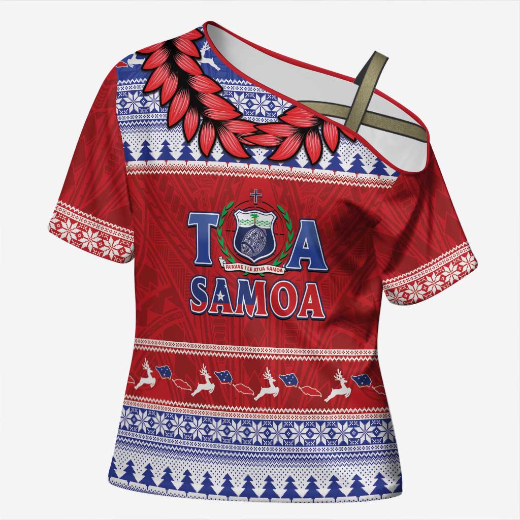 Personalised Toa Samoa Rugby Christmas Cross Shoulder Shirt Ula Fala Samoan Pattern Red LT14 Female Red - Polynesian Pride