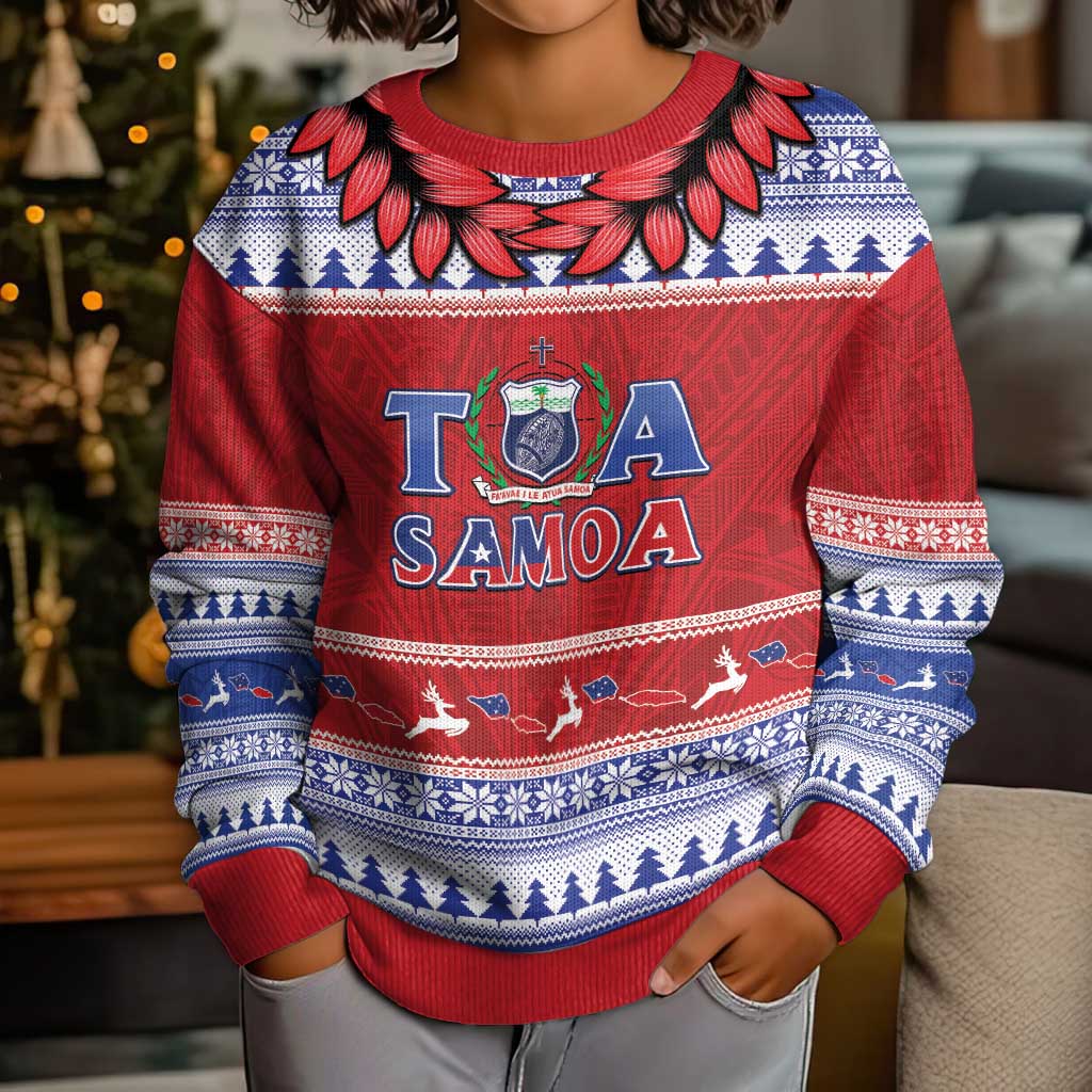 Personalised Toa Samoa Rugby Christmas Kid Ugly Christmas Sweater Ula Fala Samoan Pattern Red LT14 - Polynesian Pride