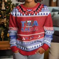 Personalised Toa Samoa Rugby Christmas Kid Ugly Christmas Sweater Ula Fala Samoan Pattern Red LT14 - Polynesian Pride