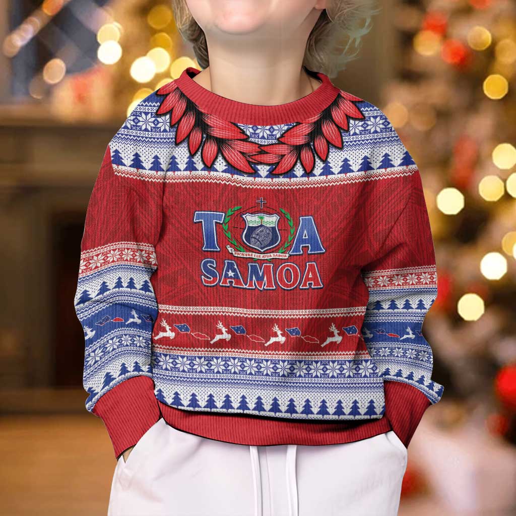 Personalised Toa Samoa Rugby Christmas Kid Ugly Christmas Sweater Ula Fala Samoan Pattern Red LT14 - Polynesian Pride