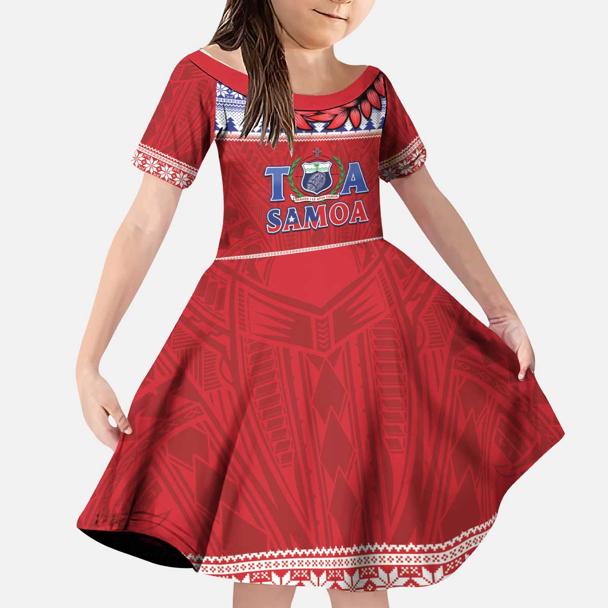 Personalised Toa Samoa Rugby Christmas Kid Short Sleeve Dress Ula Fala Samoan Pattern Red LT14 KID Red - Polynesian Pride