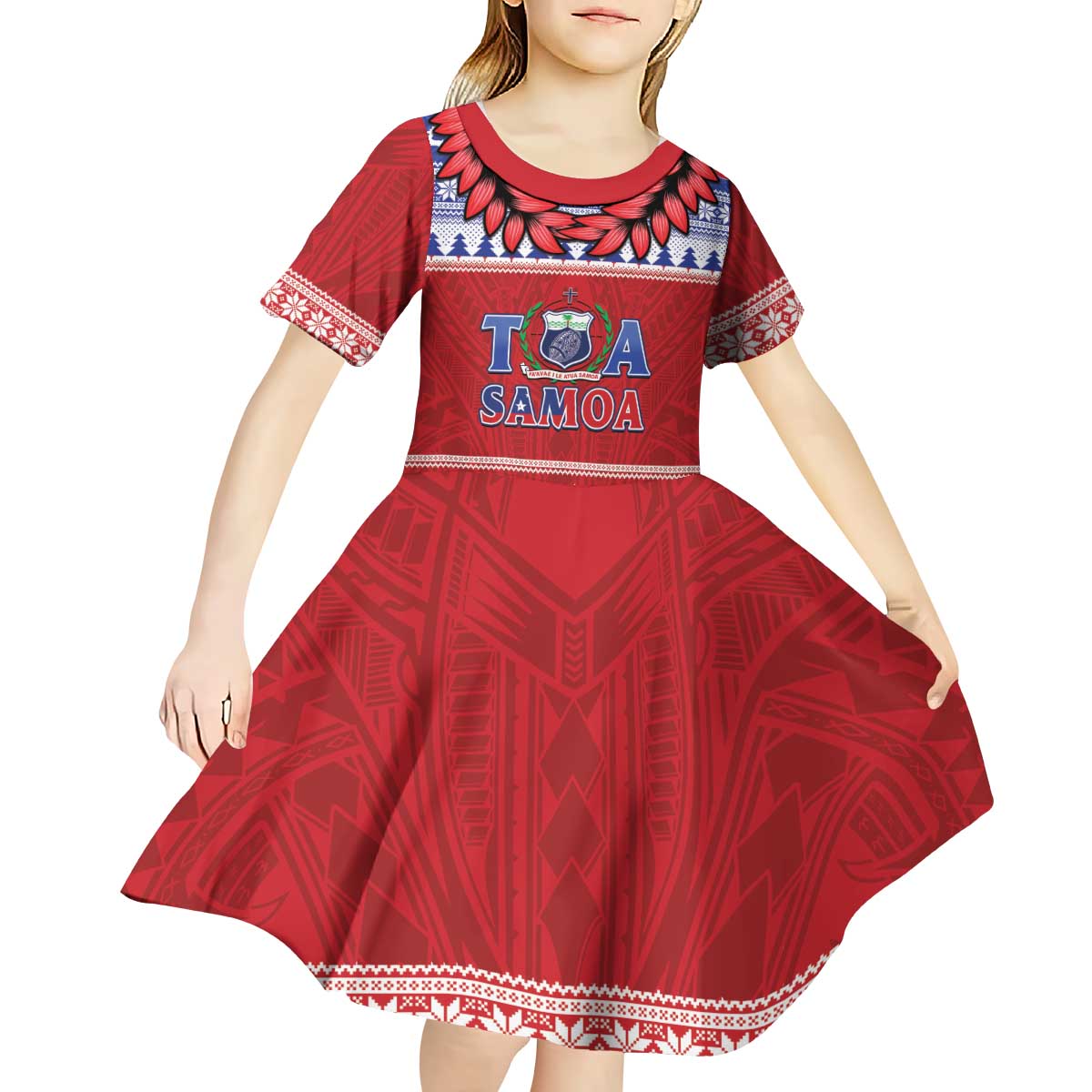 Personalised Toa Samoa Rugby Christmas Kid Short Sleeve Dress Ula Fala Samoan Pattern Red LT14 - Polynesian Pride