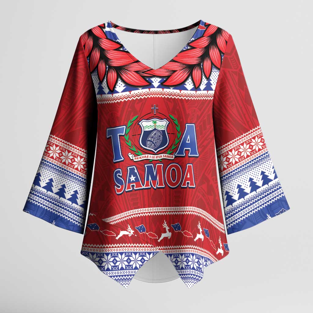 Personalised Toa Samoa Rugby Christmas Kimono Sleeve Blouse Ula Fala Samoan Pattern Red LT14 Female Red - Polynesian Pride