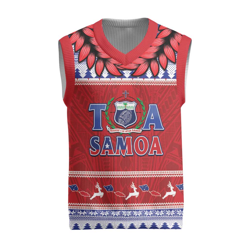 Personalised Toa Samoa Rugby Christmas Knitted V-Neck Vest Ula Fala Samoan Pattern Red LT14 Red - Polynesian Pride