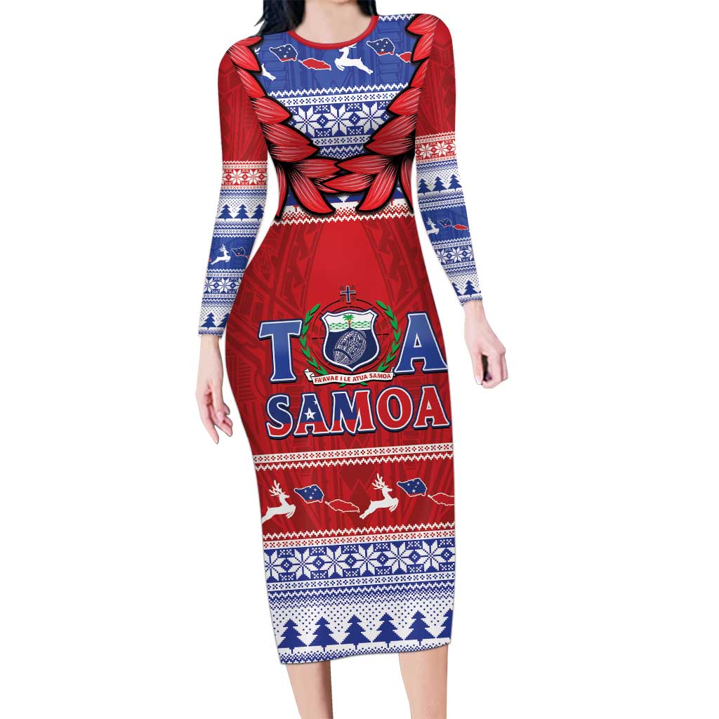 Personalised Toa Samoa Rugby Christmas Long Sleeve Bodycon Dress Ula Fala Samoan Pattern Red LT14 Long Dress Red - Polynesian Pride