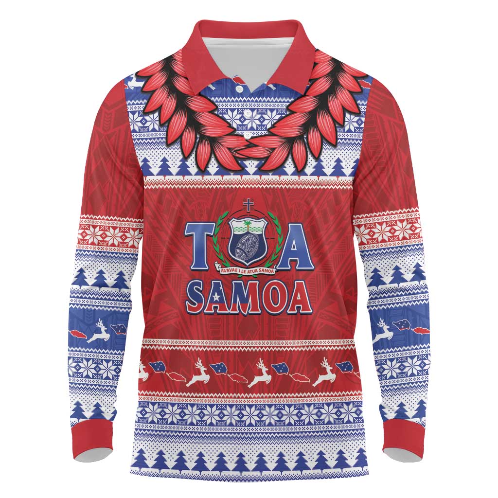 Personalised Toa Samoa Rugby Christmas Long Sleeve Polo Shirt Ula Fala Samoan Pattern Red LT14 Red - Polynesian Pride