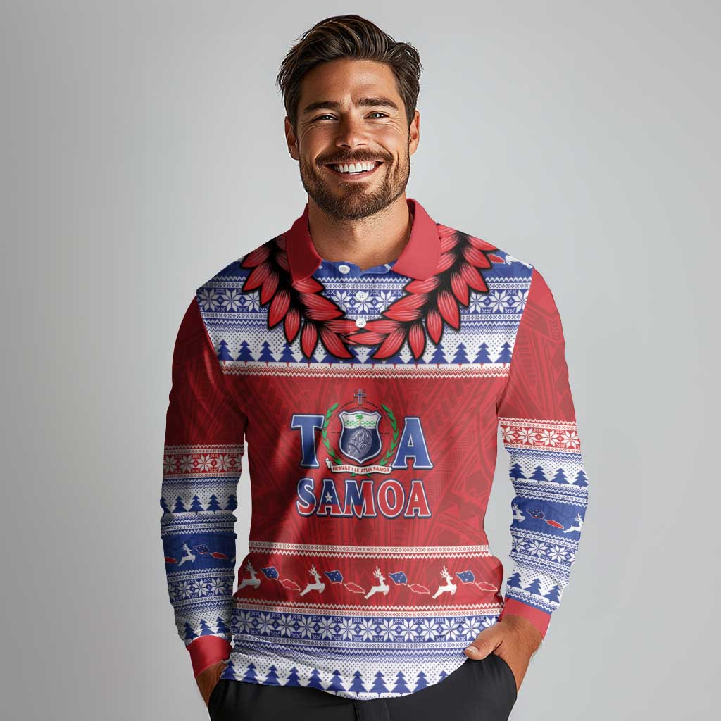Personalised Toa Samoa Rugby Christmas Long Sleeve Polo Shirt Ula Fala Samoan Pattern Red LT14 - Polynesian Pride