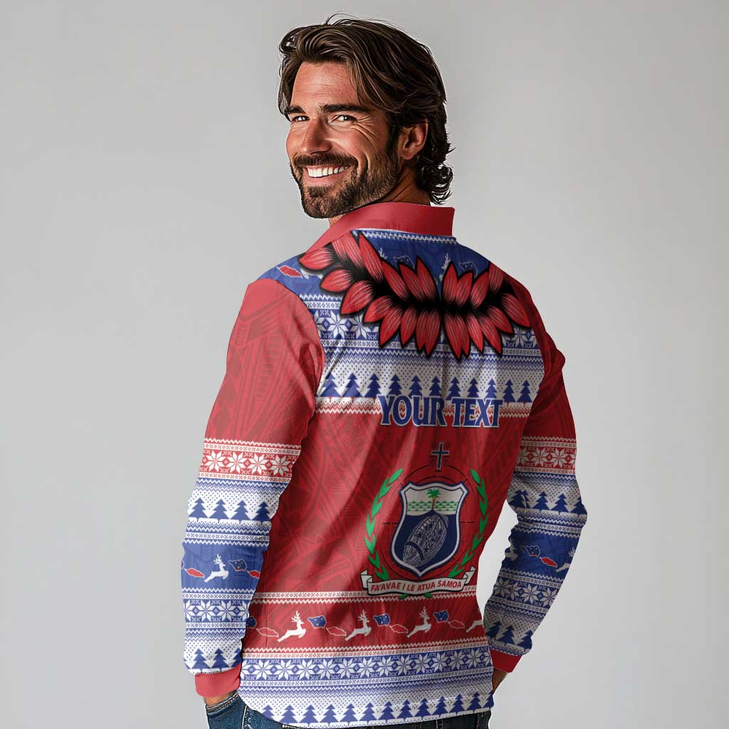 Personalised Toa Samoa Rugby Christmas Long Sleeve Polo Shirt Ula Fala Samoan Pattern Red LT14 - Polynesian Pride