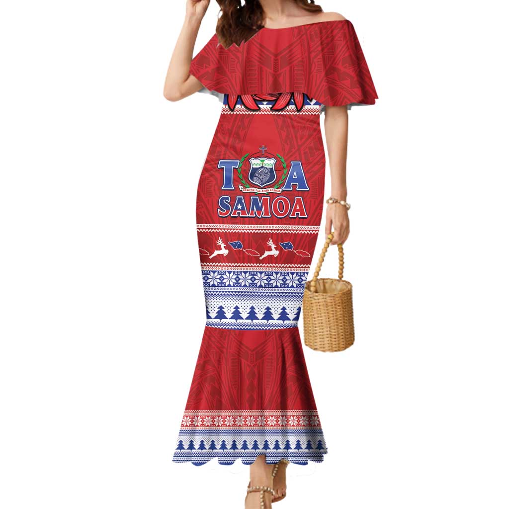 Personalised Toa Samoa Rugby Christmas Mermaid Dress Ula Fala Samoan Pattern Red LT14 Women Red - Polynesian Pride