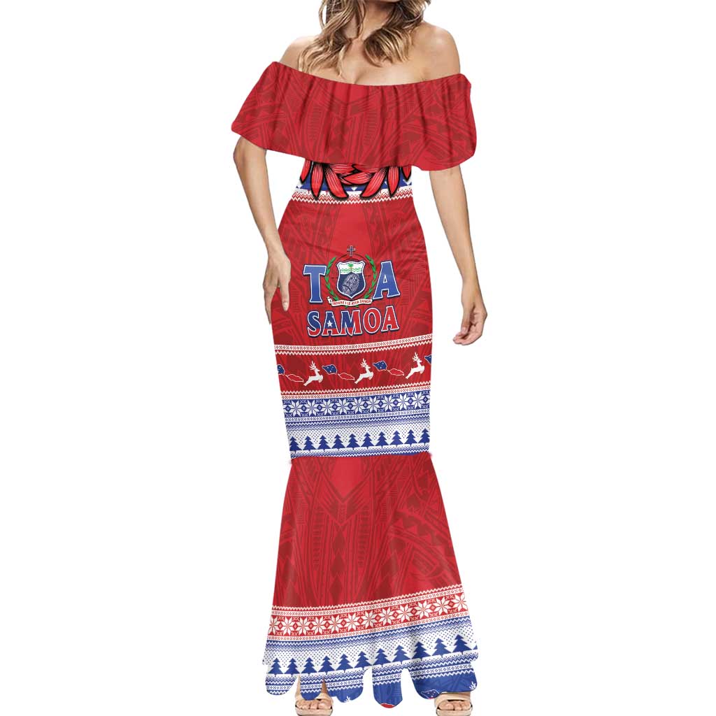 Personalised Toa Samoa Rugby Christmas Mermaid Dress Ula Fala Samoan Pattern Red LT14 - Polynesian Pride