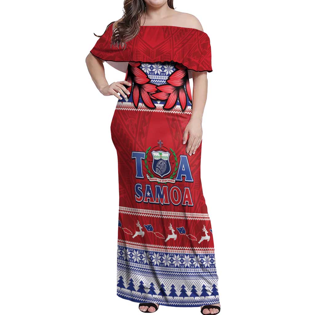 Personalised Toa Samoa Rugby Christmas Off Shoulder Maxi Dress Ula Fala Samoan Pattern Red LT14 Women Red - Polynesian Pride