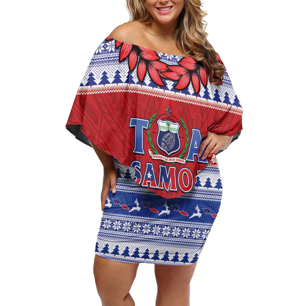 Personalised Toa Samoa Rugby Christmas Off Shoulder Short Dress Ula Fala Samoan Pattern Red LT14 Women Red - Polynesian Pride