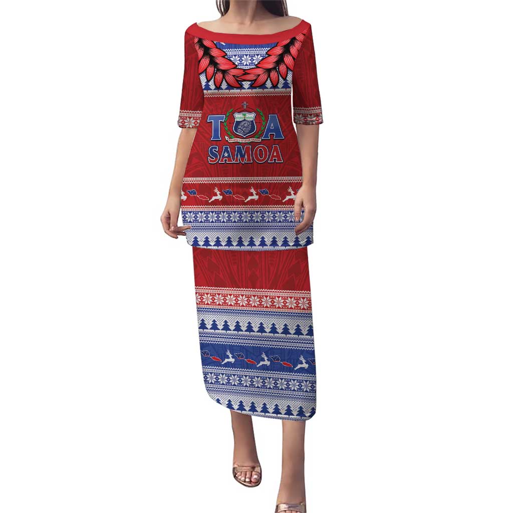 Personalised Toa Samoa Rugby Christmas Puletasi Ula Fala Samoan Pattern Red LT14 Long Dress Red - Polynesian Pride