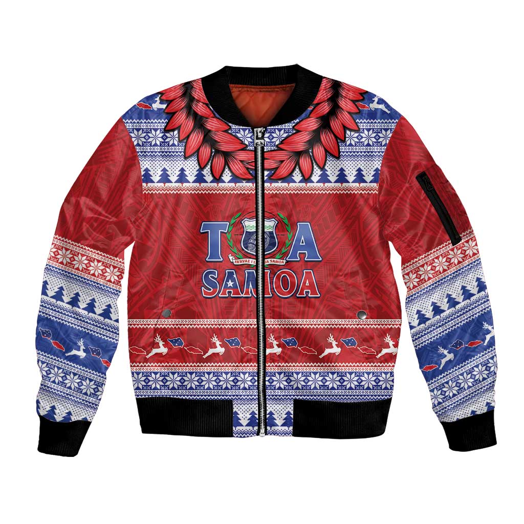 Personalised Toa Samoa Rugby Christmas Sleeve Zip Bomber Jacket Ula Fala Samoan Pattern Red LT14 Unisex Red - Polynesian Pride