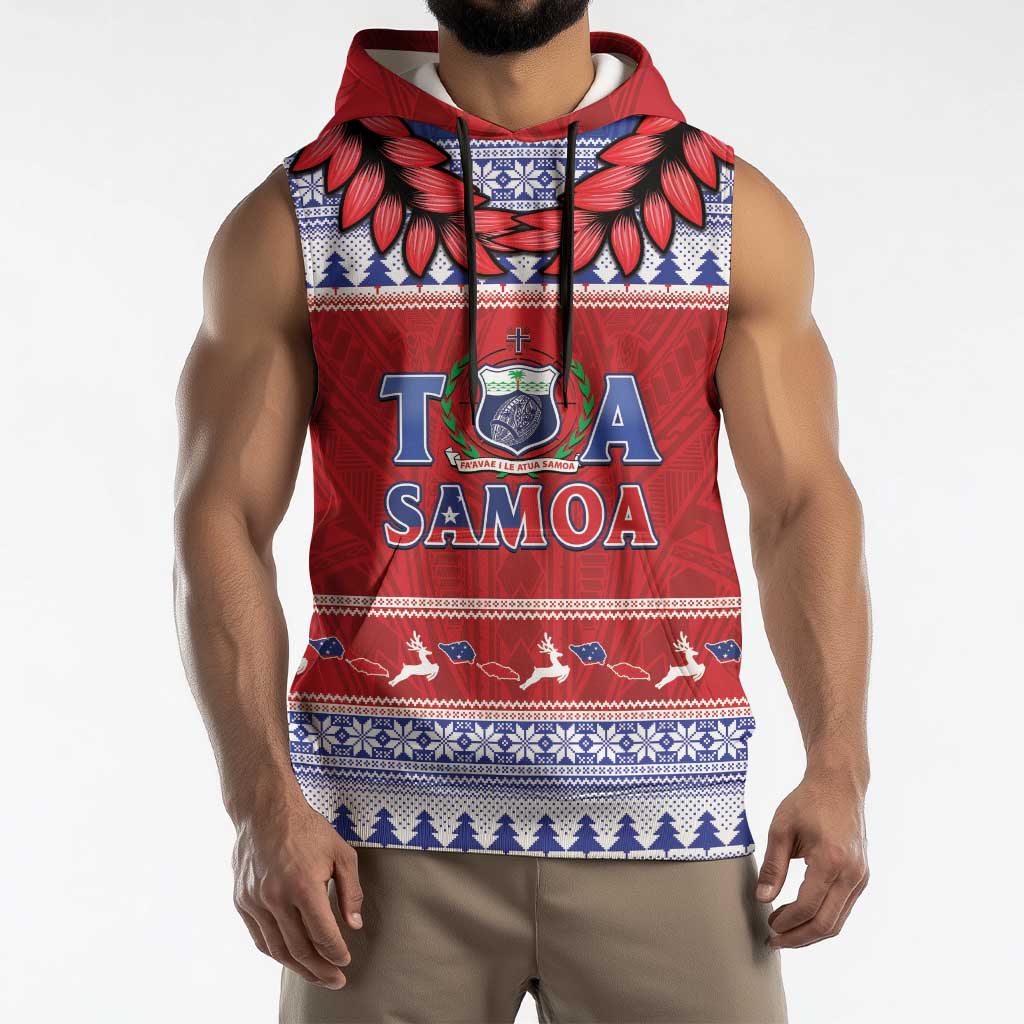 Personalised Toa Samoa Rugby Christmas Sleeveless Hoodie Ula Fala Samoan Pattern Red LT14 - Polynesian Pride