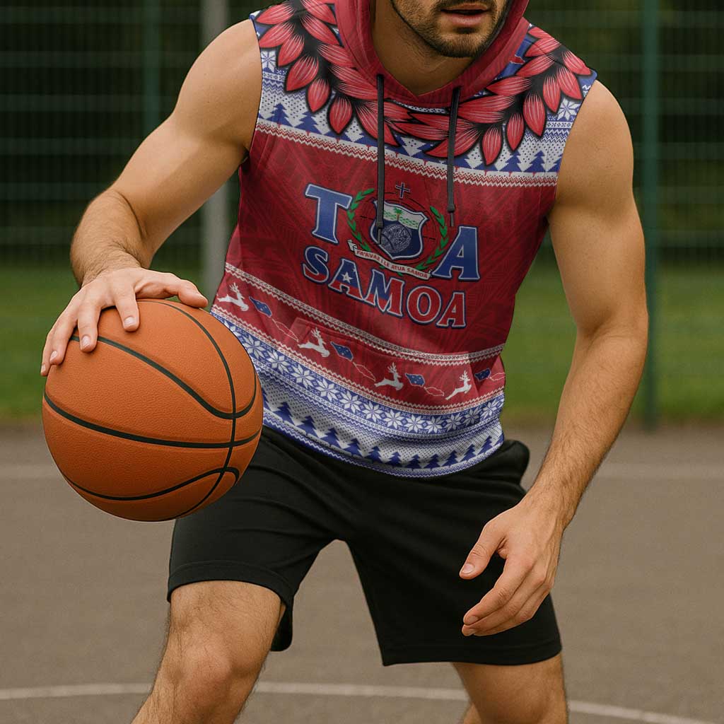 Personalised Toa Samoa Rugby Christmas Sleeveless Hoodie Ula Fala Samoan Pattern Red LT14 - Polynesian Pride
