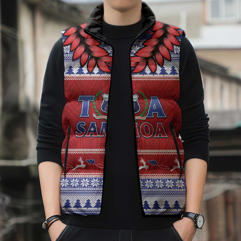 Personalised Toa Samoa Rugby Christmas Sleeveless Puffer Jacket Ula Fala Samoan Pattern Red LT14 - Polynesian Pride