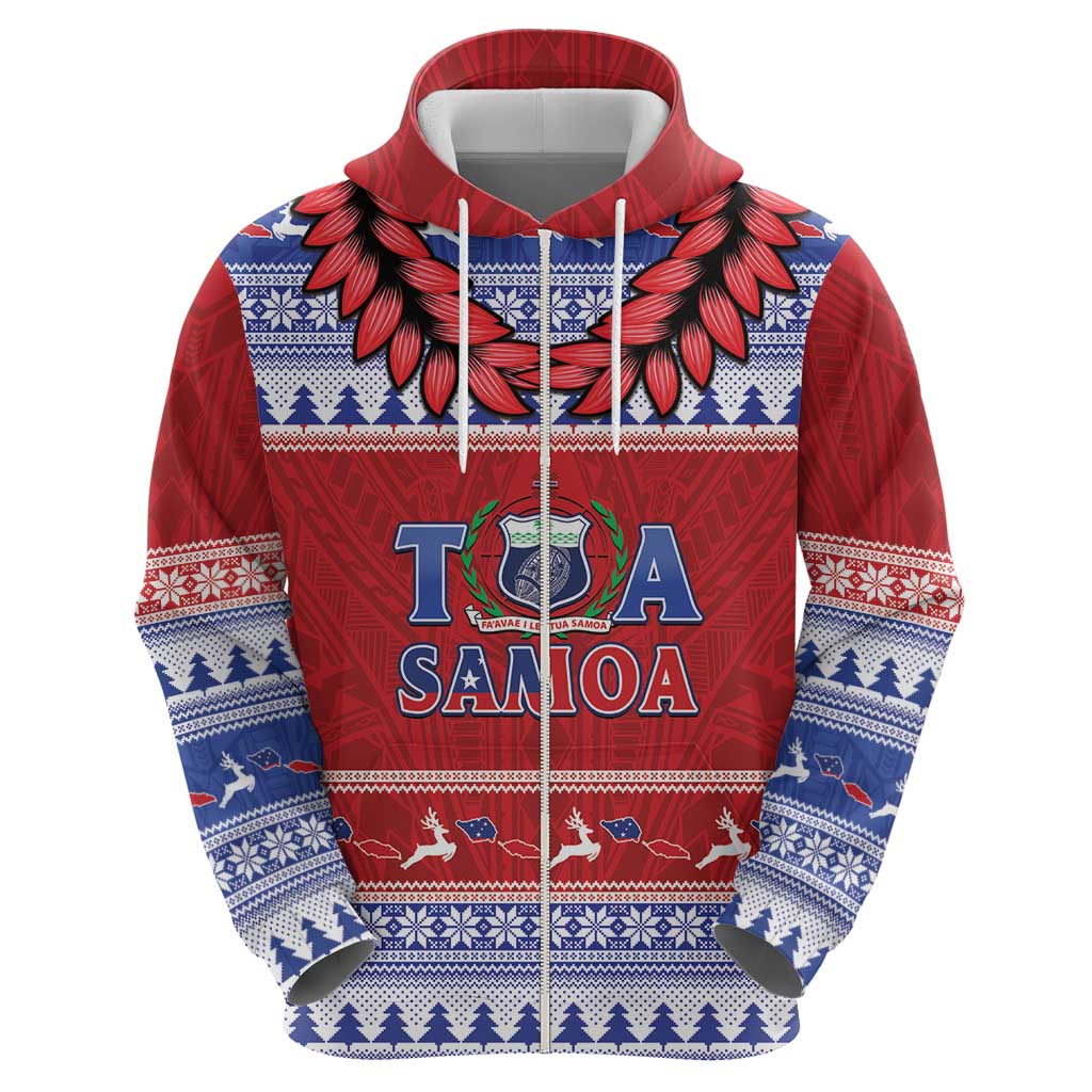Personalised Toa Samoa Rugby Christmas Zip Hoodie Ula Fala Samoan Pattern Red LT14 - Polynesian Pride