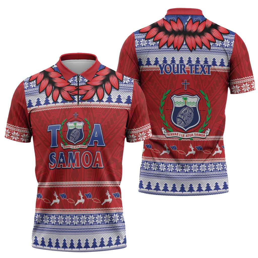 Personalised Toa Samoa Rugby Christmas Zipper Polo Shirt Ula Fala Samoan Pattern Red LT14 - Polynesian Pride