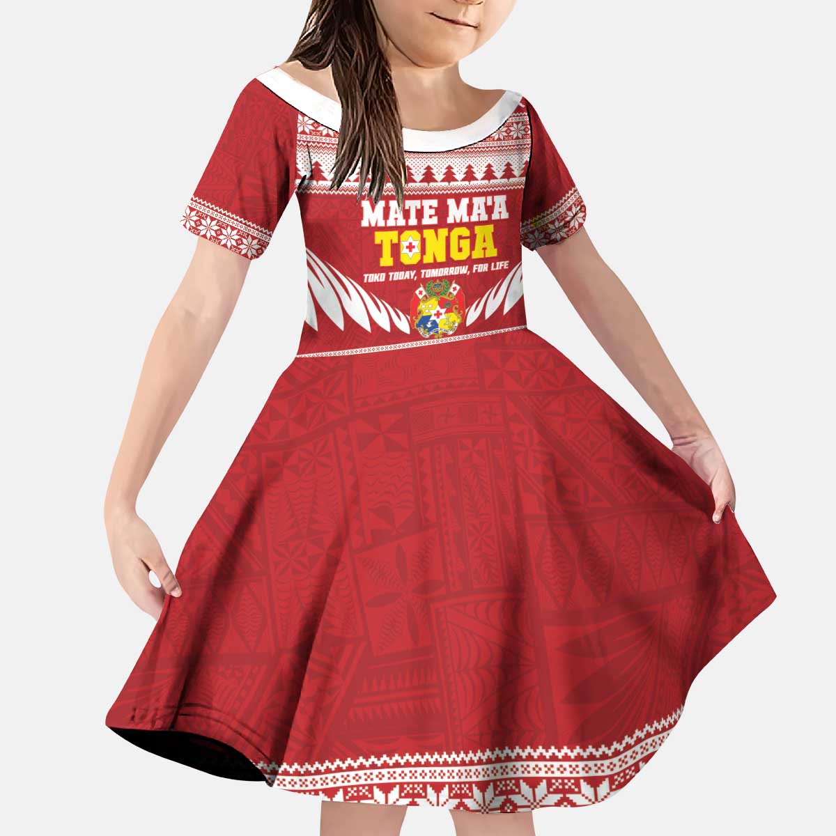 Personalised Tonga Rugby Christmas Kid Short Sleeve Dress Mate Maa Tonga Ngatu Pattern LT14 KID Red - Polynesian Pride