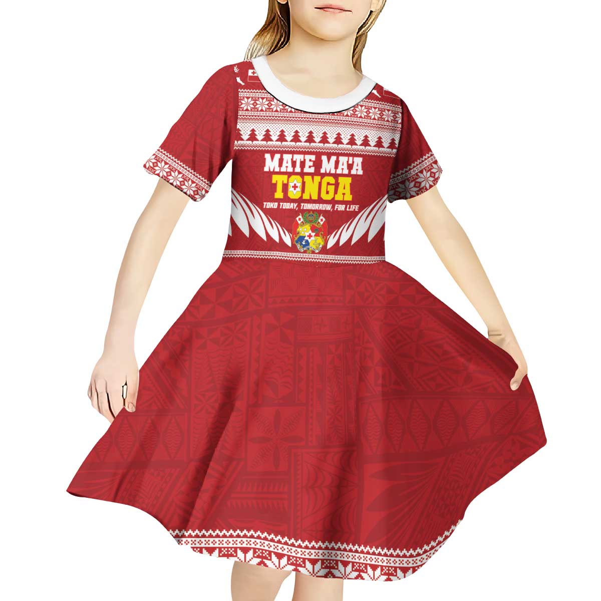 Personalised Tonga Rugby Christmas Kid Short Sleeve Dress Mate Maa Tonga Ngatu Pattern LT14 - Polynesian Pride