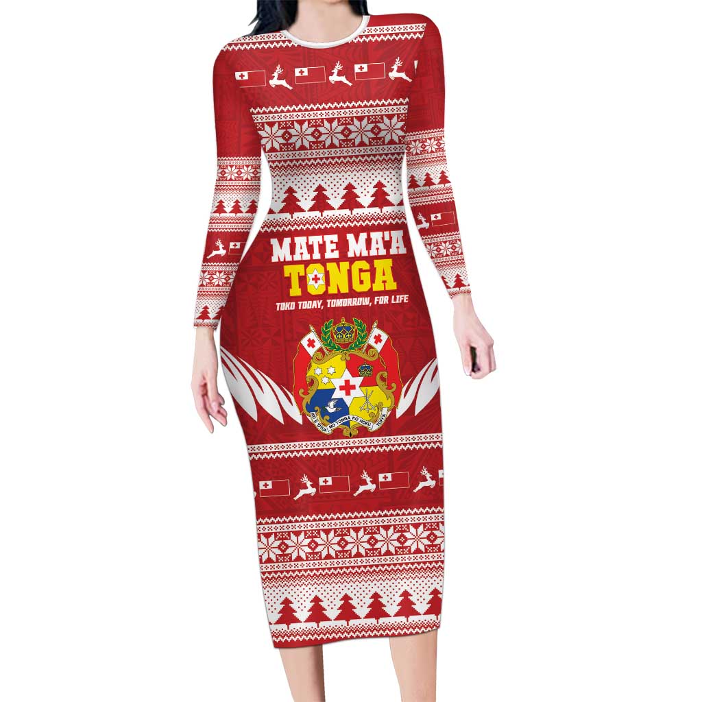 Personalised Tonga Rugby Christmas Long Sleeve Bodycon Dress Mate Maa Tonga Ngatu Pattern LT14 Long Dress Red - Polynesian Pride