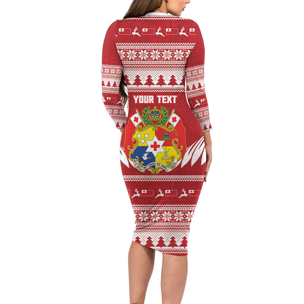 Personalised Tonga Rugby Christmas Long Sleeve Bodycon Dress Mate Maa Tonga Ngatu Pattern LT14 - Polynesian Pride