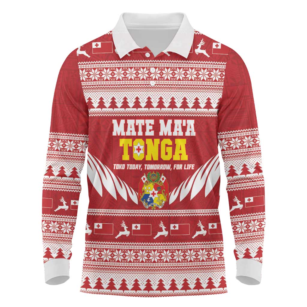 Personalised Tonga Rugby Christmas Long Sleeve Polo Shirt Mate Maa Tonga Ngatu Pattern LT14 Red - Polynesian Pride