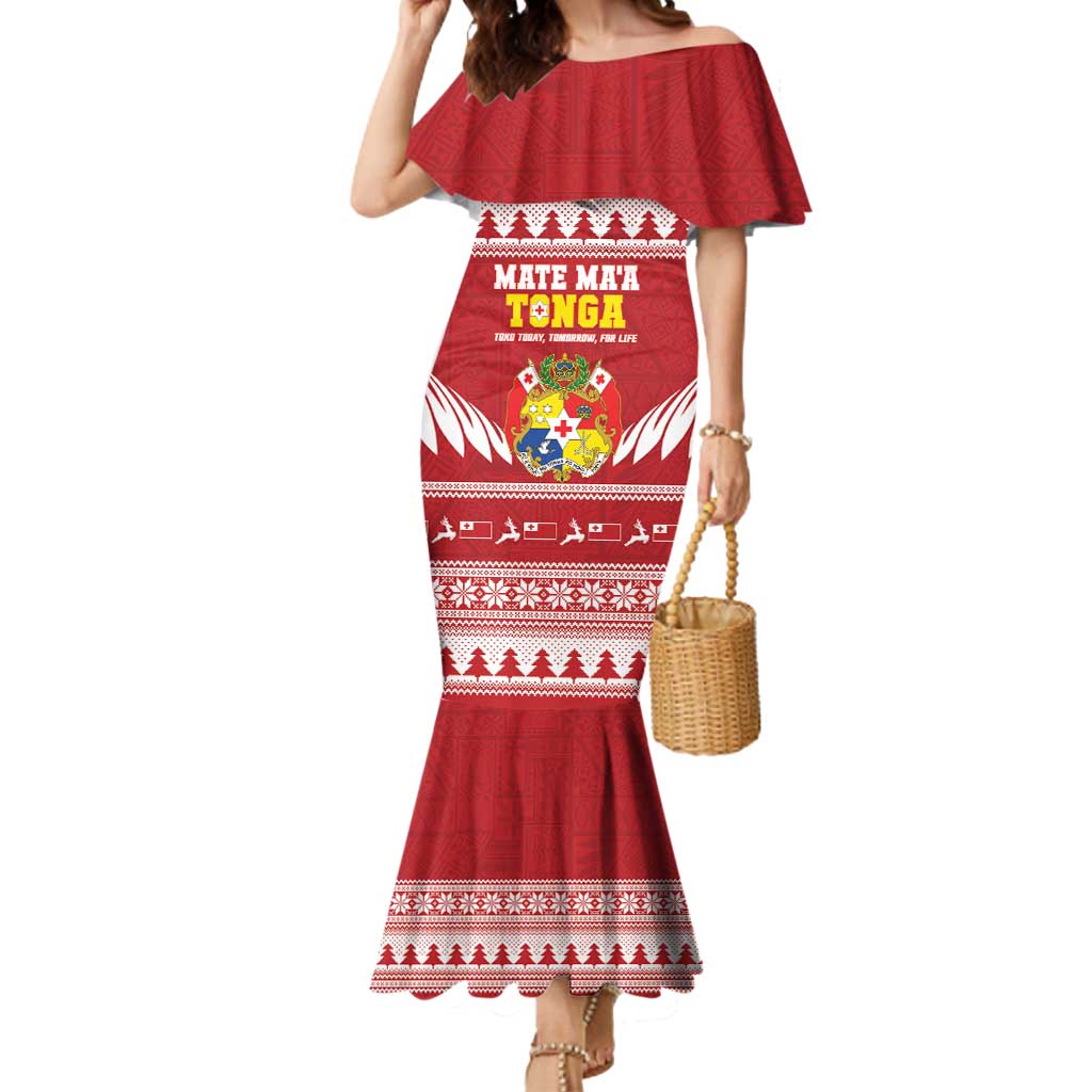 Personalised Tonga Rugby Christmas Mermaid Dress Mate Maa Tonga Ngatu Pattern LT14 Women Red - Polynesian Pride