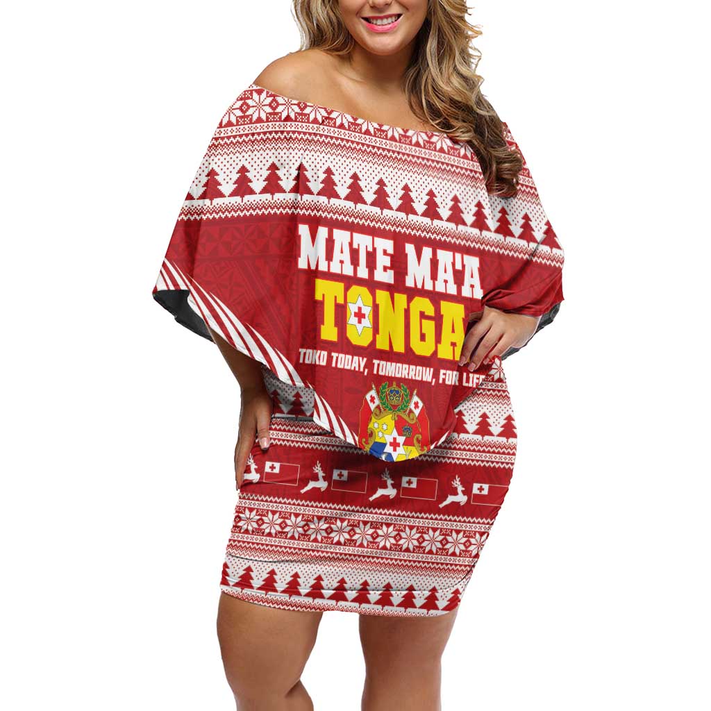 Personalised Tonga Rugby Christmas Off Shoulder Short Dress Mate Maa Tonga Ngatu Pattern LT14 Women Red - Polynesian Pride