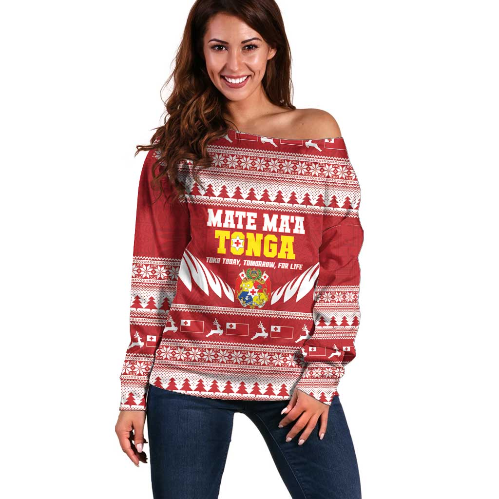 Personalised Tonga Rugby Christmas Off Shoulder Sweater Mate Maa Tonga Ngatu Pattern LT14 Women Red - Polynesian Pride