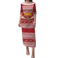Personalised Tonga Rugby Christmas Puletasi Mate Maa Tonga Ngatu Pattern LT14 Long Dress Red - Polynesian Pride