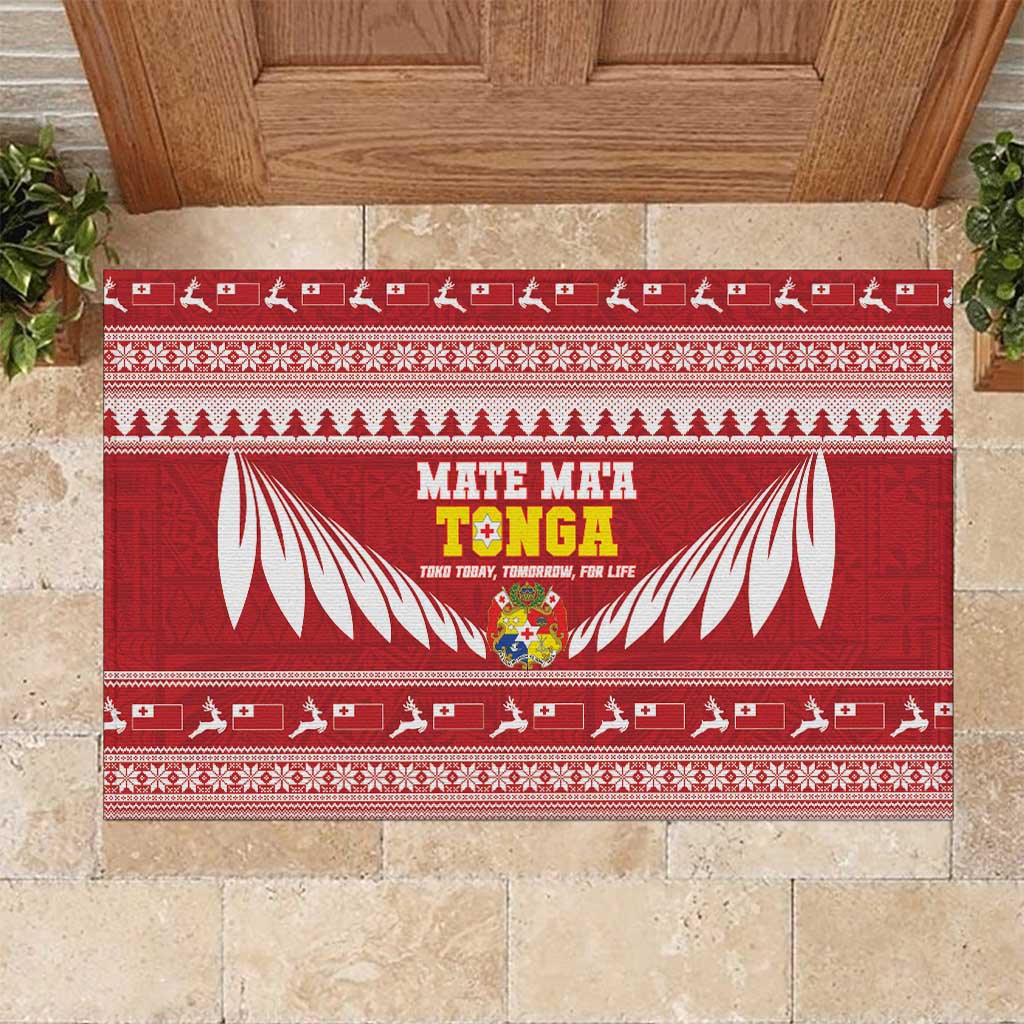 Tonga Rugby Christmas Rubber Doormat Mate Maa Tonga Ngatu Pattern LT14 Red - Polynesian Pride