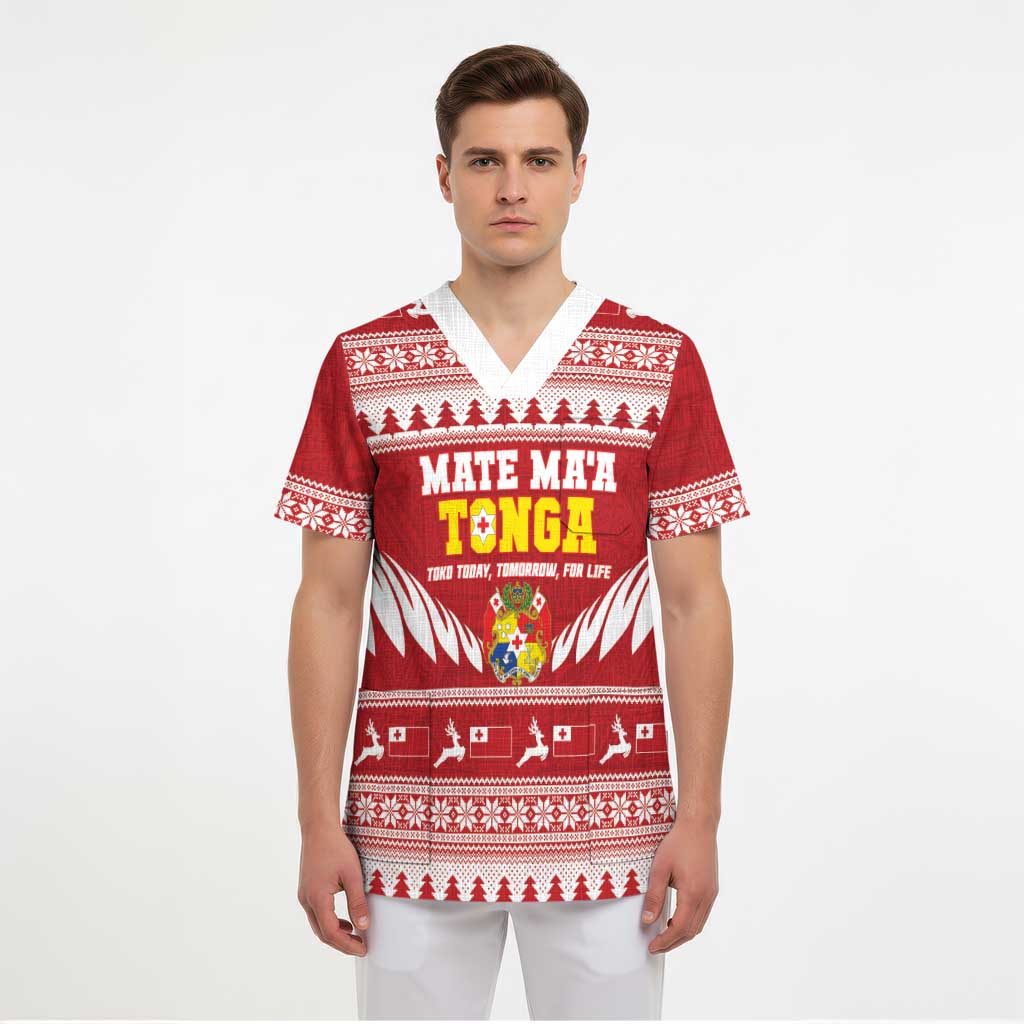 Personalised Tonga Rugby Christmas Scrub Top Mate Maa Tonga Ngatu Pattern LT14 - Polynesian Pride