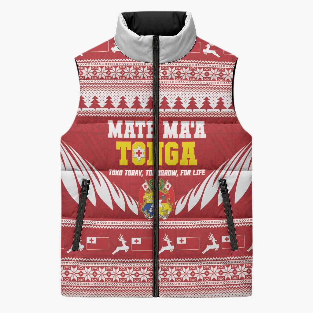 Personalised Tonga Rugby Christmas Sleeveless Puffer Jacket Mate Maa Tonga Ngatu Pattern LT14 Unisex Red - Polynesian Pride