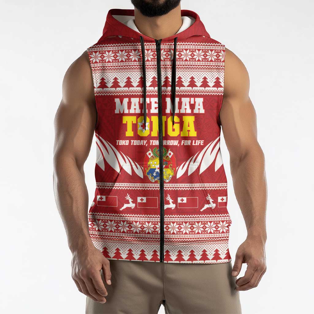 Personalised Tonga Rugby Christmas Sleeveless Zip Hoodie Mate Maa Tonga Ngatu Pattern LT14 - Polynesian Pride
