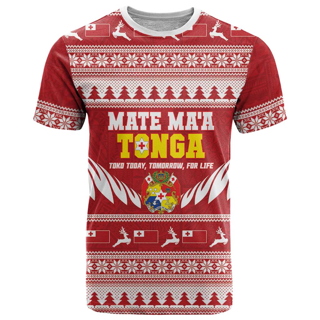 Personalised Tonga Rugby Christmas T Shirt Mate Maa Tonga Ngatu Pattern LT14 Red - Polynesian Pride