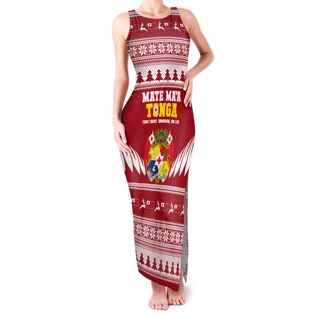 Personalised Tonga Rugby Christmas Tank Maxi Dress Mate Maa Tonga Ngatu Pattern LT14 Women Red - Polynesian Pride