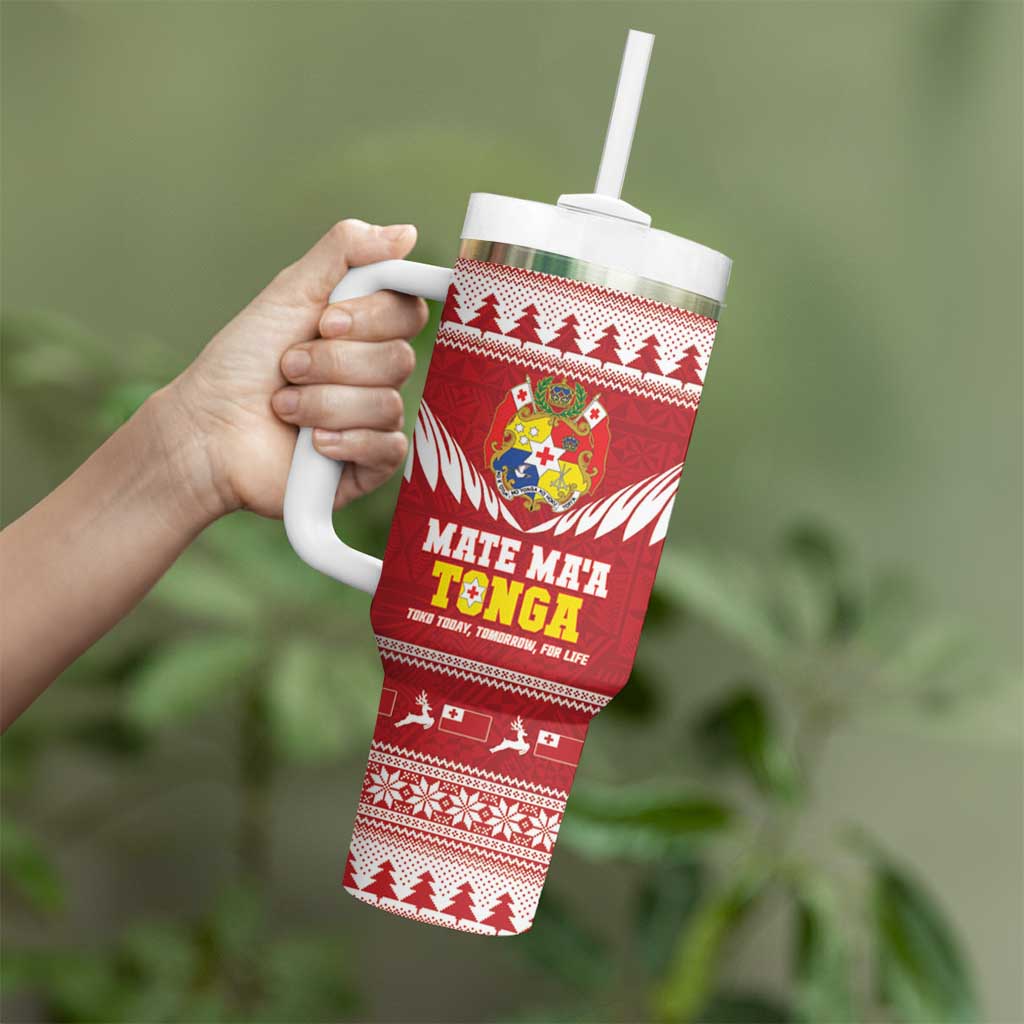Personalised Tonga Rugby Christmas Tumbler With Handle Mate Maa Tonga Ngatu Pattern LT14 - Polynesian Pride