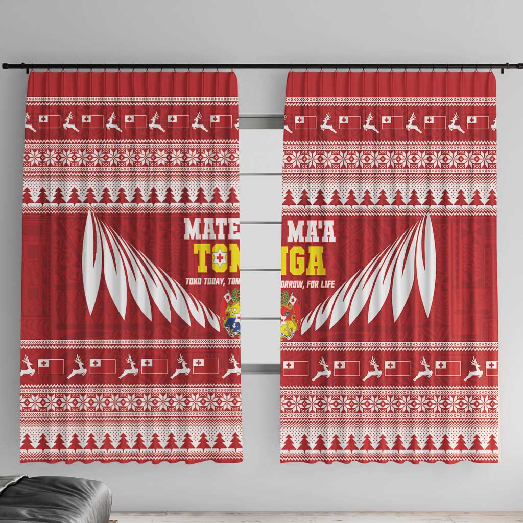 Tonga Rugby Christmas Window Curtain Mate Maa Tonga Ngatu Pattern LT14 With Hooks Red - Polynesian Pride