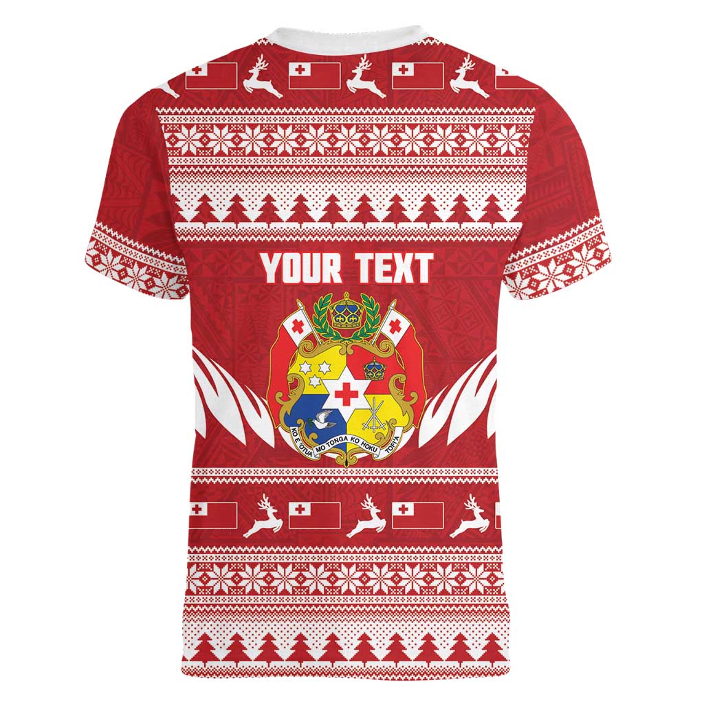 Personalised Tonga Rugby Christmas Women V-Neck T-Shirt Mate Maa Tonga Ngatu Pattern LT14 - Polynesian Pride