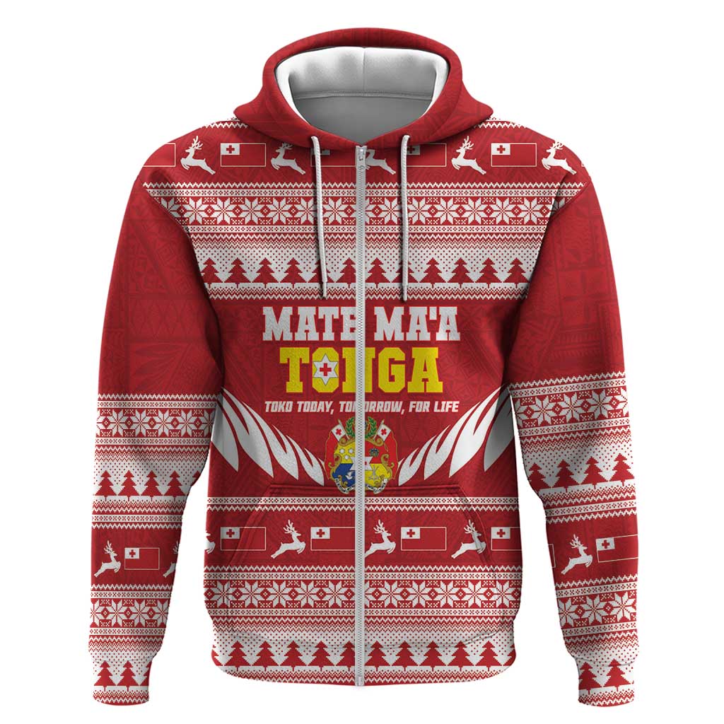 Personalised Tonga Rugby Christmas Zip Hoodie Mate Maa Tonga Ngatu Pattern LT14 Zip Hoodie Red - Polynesian Pride
