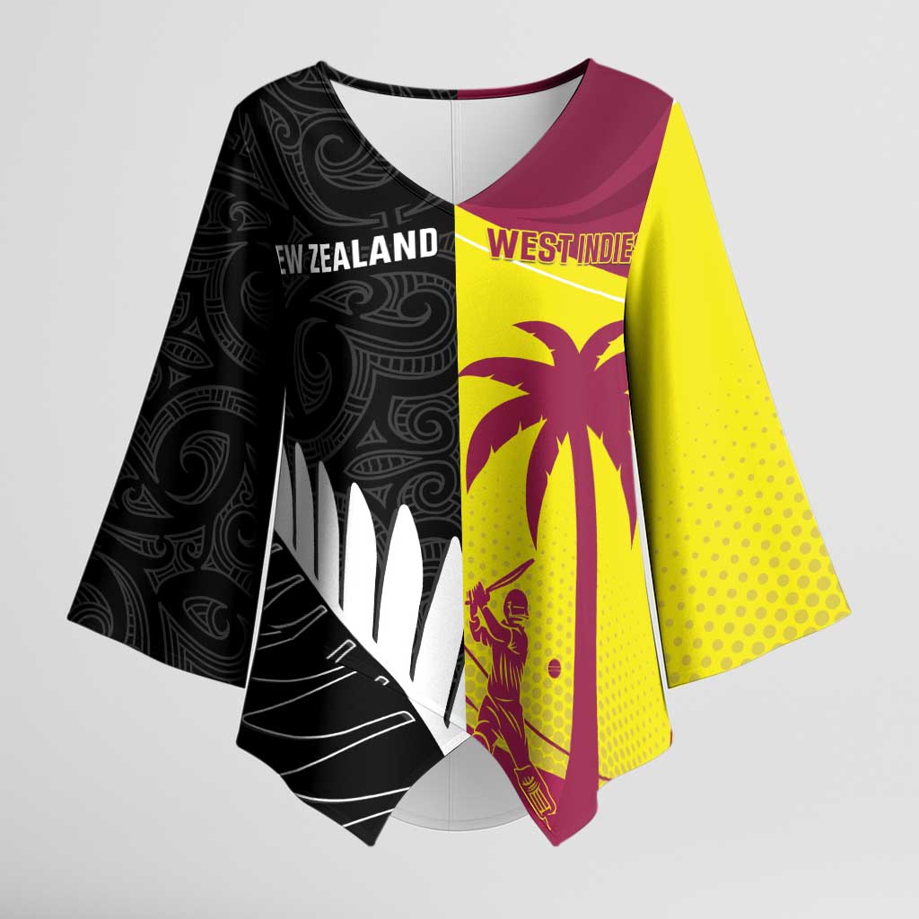 New Zealand and West Indies Cricket Custom Kimono Sleeve Blouse Black Cap Windies Together LT14 Female Black - Polynesian Pride