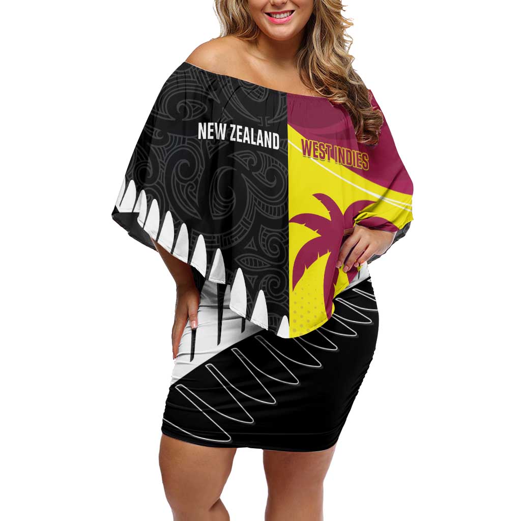 New Zealand and West Indies Cricket Custom Off Shoulder Short Dress Black Cap Windies Together LT14 Women Black - Polynesian Pride