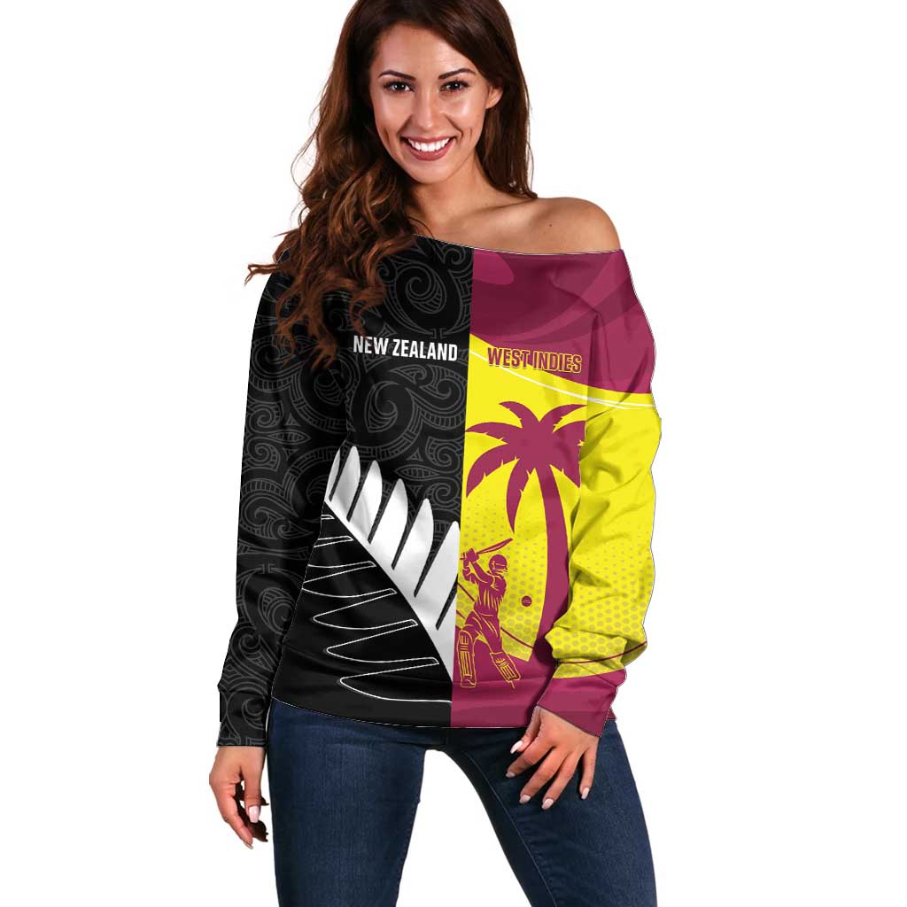 New Zealand and West Indies Cricket Custom Off Shoulder Sweater Black Cap Windies Together LT14 Women Black - Polynesian Pride
