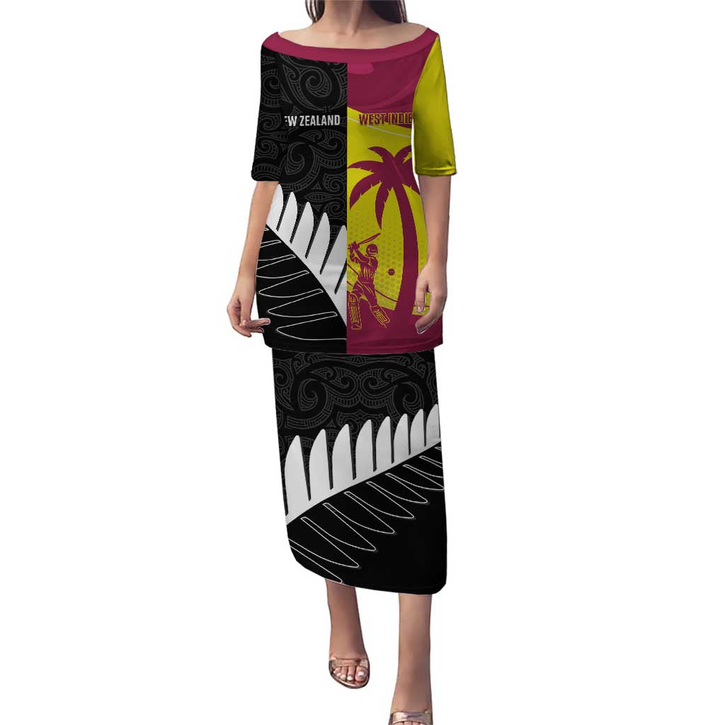New Zealand and West Indies Cricket Custom Puletasi Black Cap Windies Together LT14 Long Dress Black - Polynesian Pride