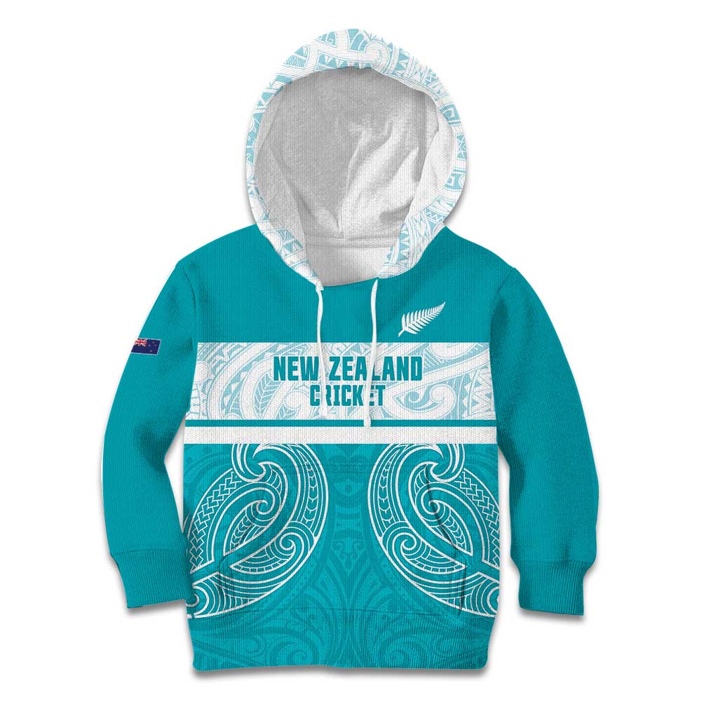 New Zealand Silver Fern Cricket Custom Kid Hoodie Black Cap Teal Maori Pattern LT14 Hoodie Teal - Polynesian Pride