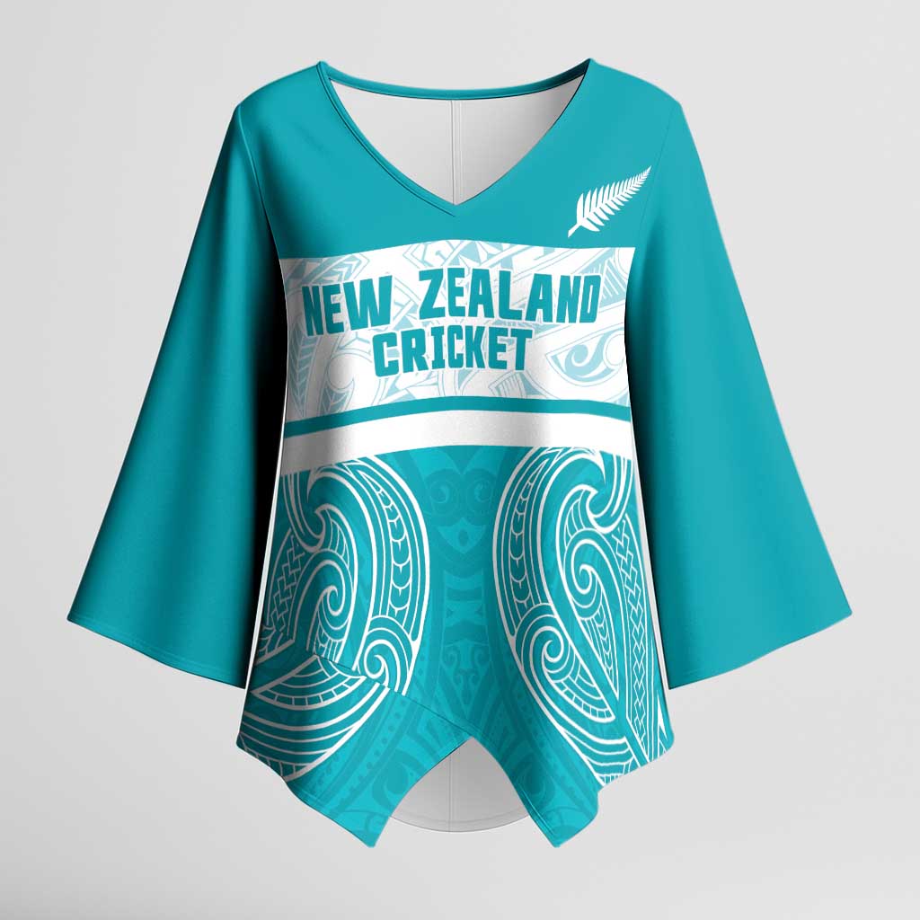 New Zealand Silver Fern Cricket Custom Kimono Sleeve Blouse Black Cap Teal Maori Pattern LT14 Female Teal - Polynesian Pride
